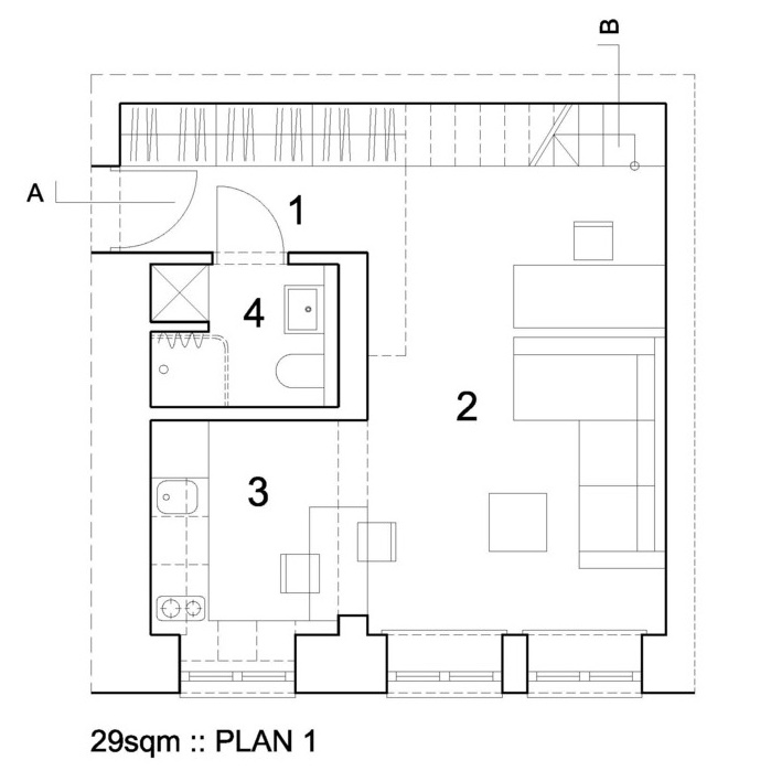 Apartment floor plan. Shows layout of small apartments box shaped ground floor. Illustrates how small apartment is and shows how including a mezzanine can transform space.