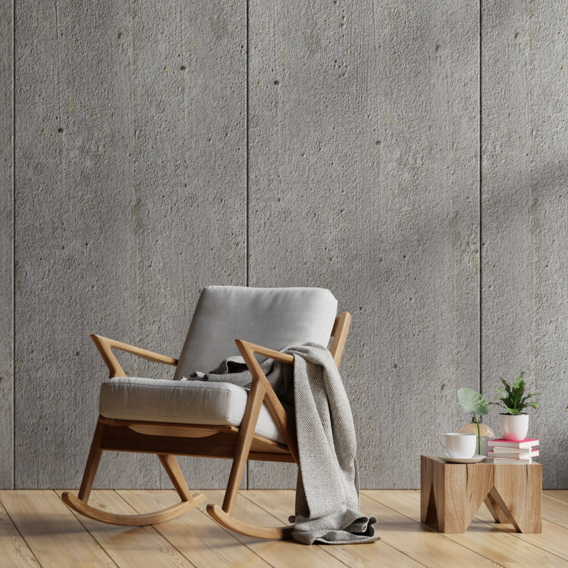 Grey chair in front of a grey textured wall