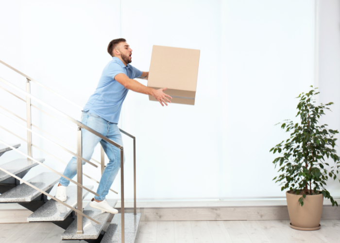 A man wearing a blue shirt and jeans is on a staircase, stumbling and about to fall while holding a cardboard box. He appears to be off-balance, with his body leaning forward and his arms extended, trying to catch himself. There is a potted plant in the background on the right side.