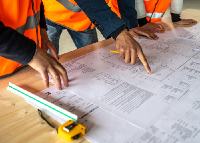 People wearing orange safety vests are gathered around a table examining architectural blueprints. One person is pointing at the plans with a pencil, while a measuring tape and a scale ruler are placed on the table. The scene suggests a construction site meeting or planning session, with an emphasis on teamwork and attention to detail.