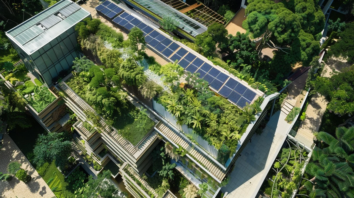 An aerial view of a building densely covered with greenery and solar panels. The structure features multiple levels with terraces, each lush with various plants and trees, creating a vertical garden effect. Solar panels line parts of the rooftop. Surrounding the building are more green spaces and pathways. The environment appears eco-friendly, blending architecture with nature.