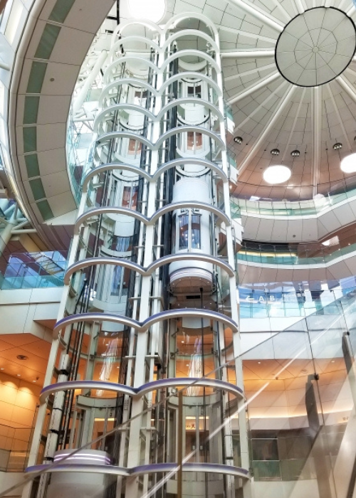 Modern glass elevators inside shopping centre atrium.