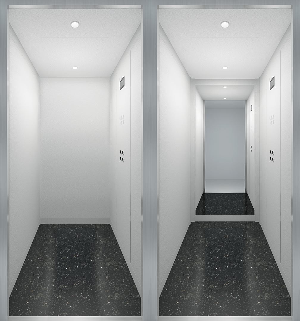 Two modern elevator interiors with closed and open doors.