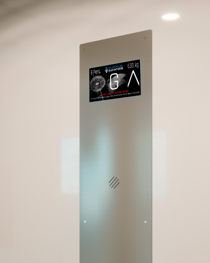 Elevator panel with capacity and company details.