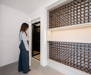 Woman entering a small home lift.
